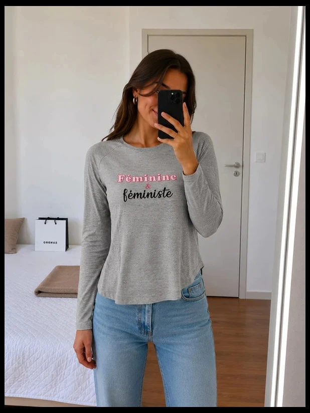 Camiseta de Mangas Longas Cinza Melange Etam "Feminina e Feminista" - Tamanho XS – photo 7